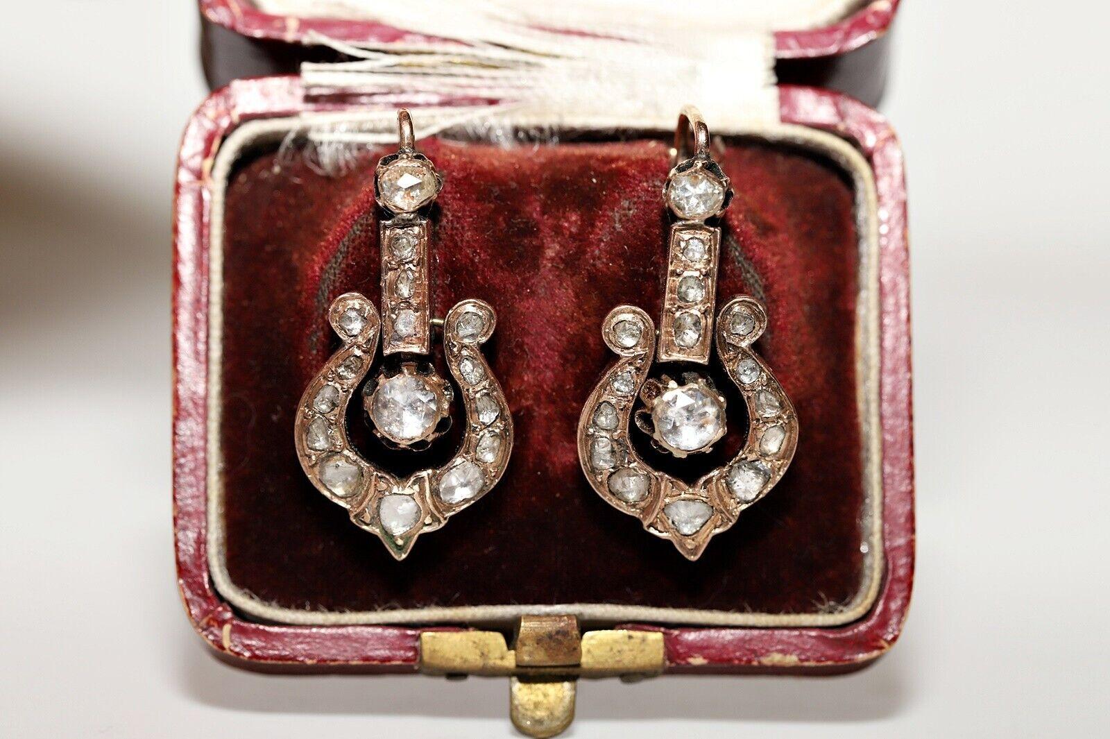 Antique Ottoman Circa 1890s 8k Gold Natural Rose Cut Diamond Drop Earring en vente 6