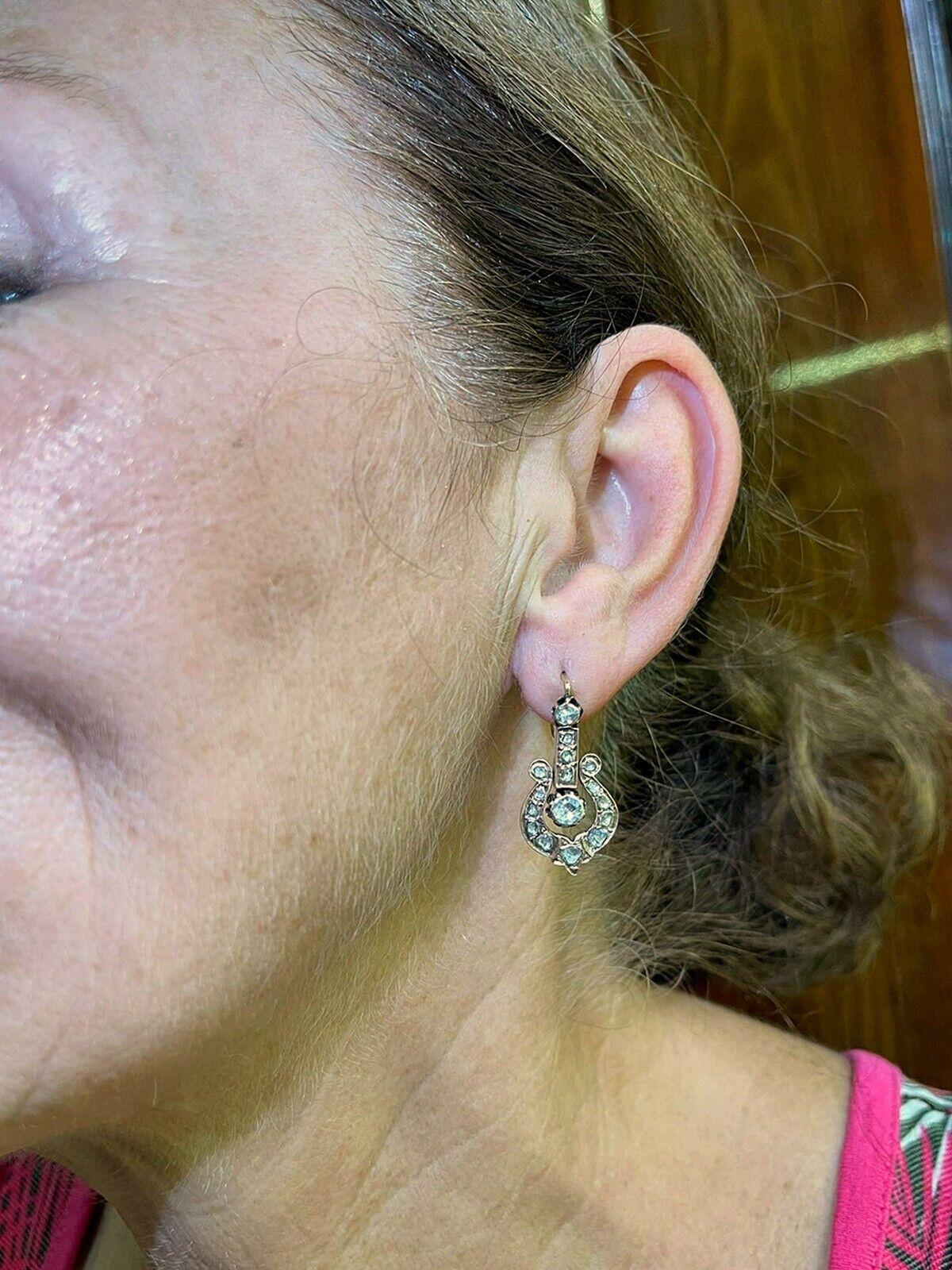 Antique Ottoman Circa 1890s 8k Gold Natural Rose Cut Diamond Drop Earring en vente 7