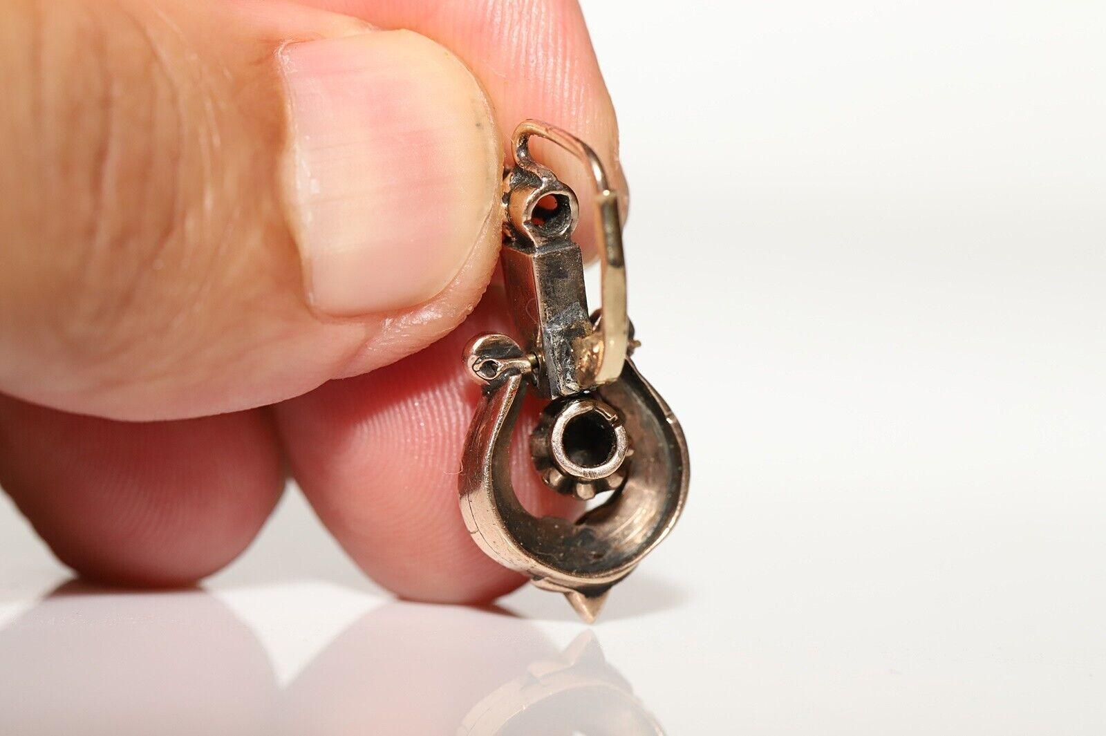 Antique Ottoman Circa 1890s 8k Gold Natural Rose Cut Diamond Drop Earring Pour femmes en vente