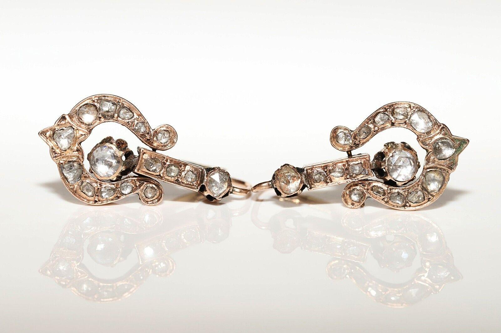 Pendants d'oreilles ottomanes anciens des années 1890 en or 8 carats avec diamants naturels taille rose  en vente 1