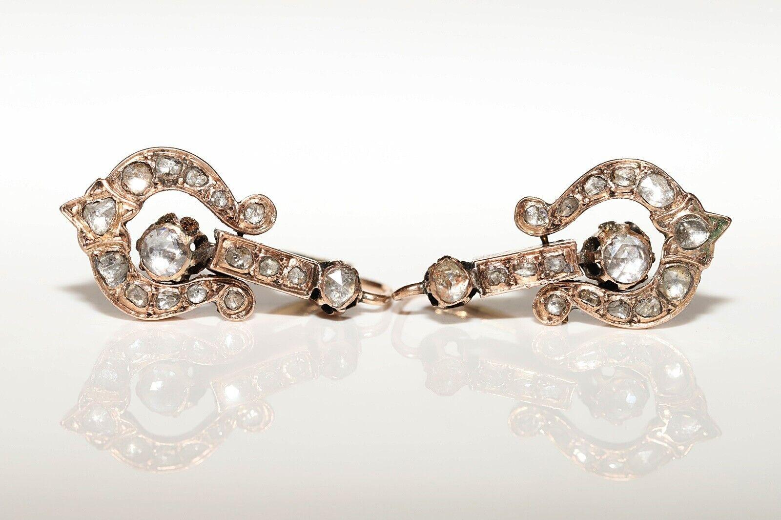 Antique Ottoman Circa 1890s 8k Gold Natural Rose Cut Diamond Drop Earring en vente 1