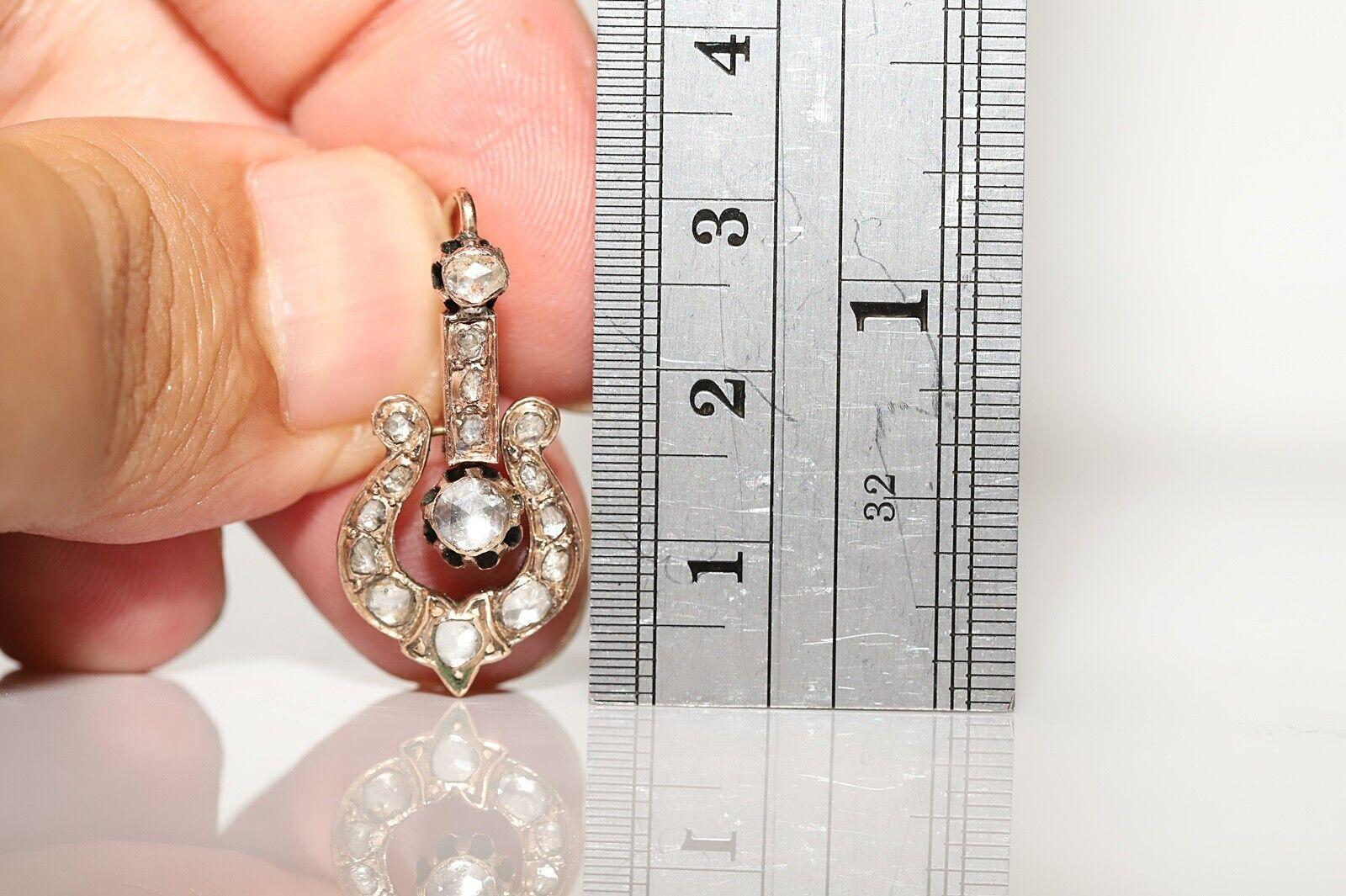 Antique Ottoman Circa 1890s 8k Gold Natural Rose Cut Diamond Drop Earring en vente 2