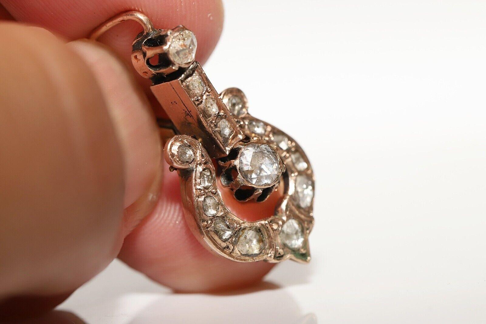 Antique Ottoman Circa 1890s 8k Gold Natural Rose Cut Diamond Drop Earring en vente 3