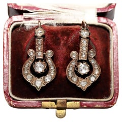 Vintage Ottoman Circa 1890s 8k Gold Natural Rose Cut Diamond Drop Earring 
