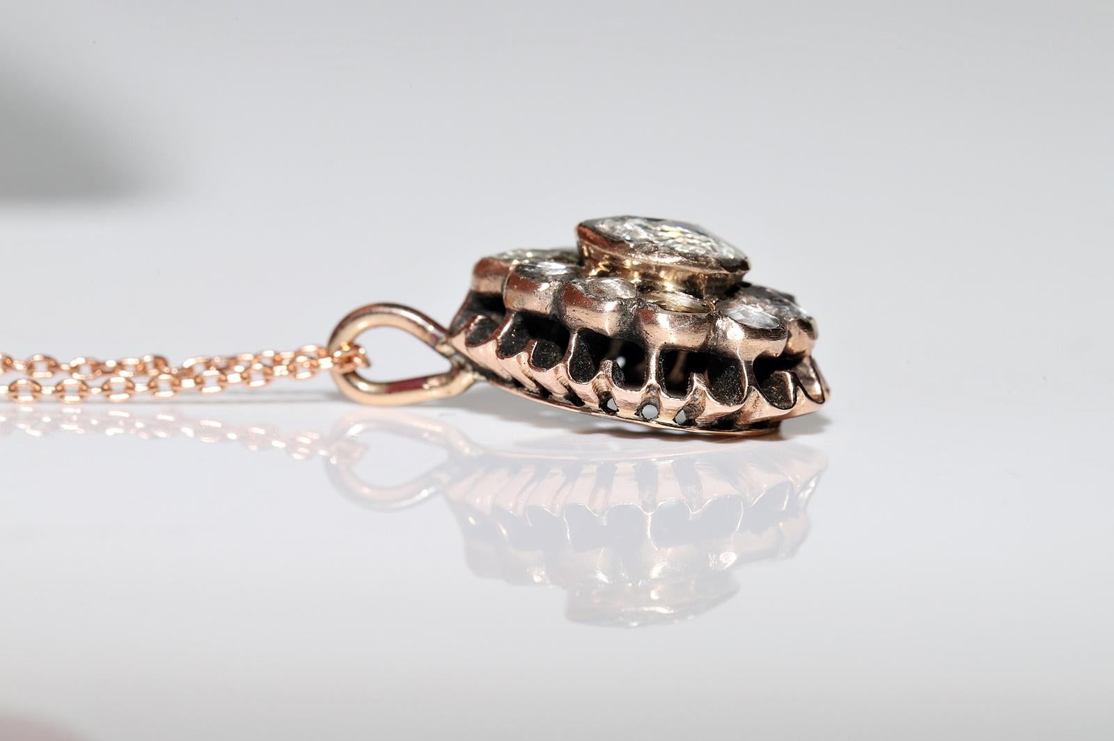 Antique Ottoman Circa 1890s 8k Gold Natural Rose Cut Diamond Drop Necklace For Sale 1