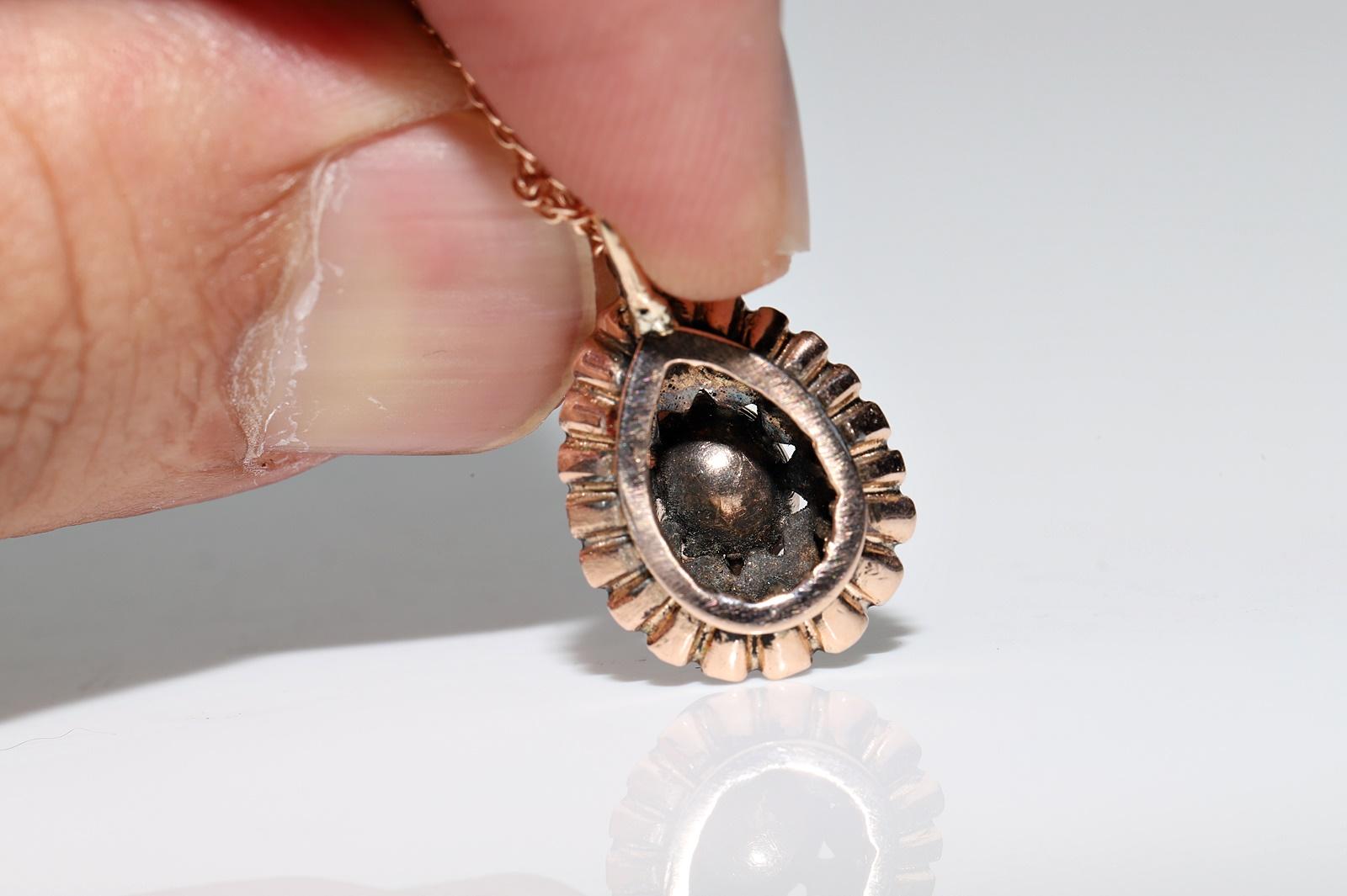 Antique Ottoman Circa 1890s 8k Gold Natural Rose Cut Diamond Drop Necklace For Sale 2