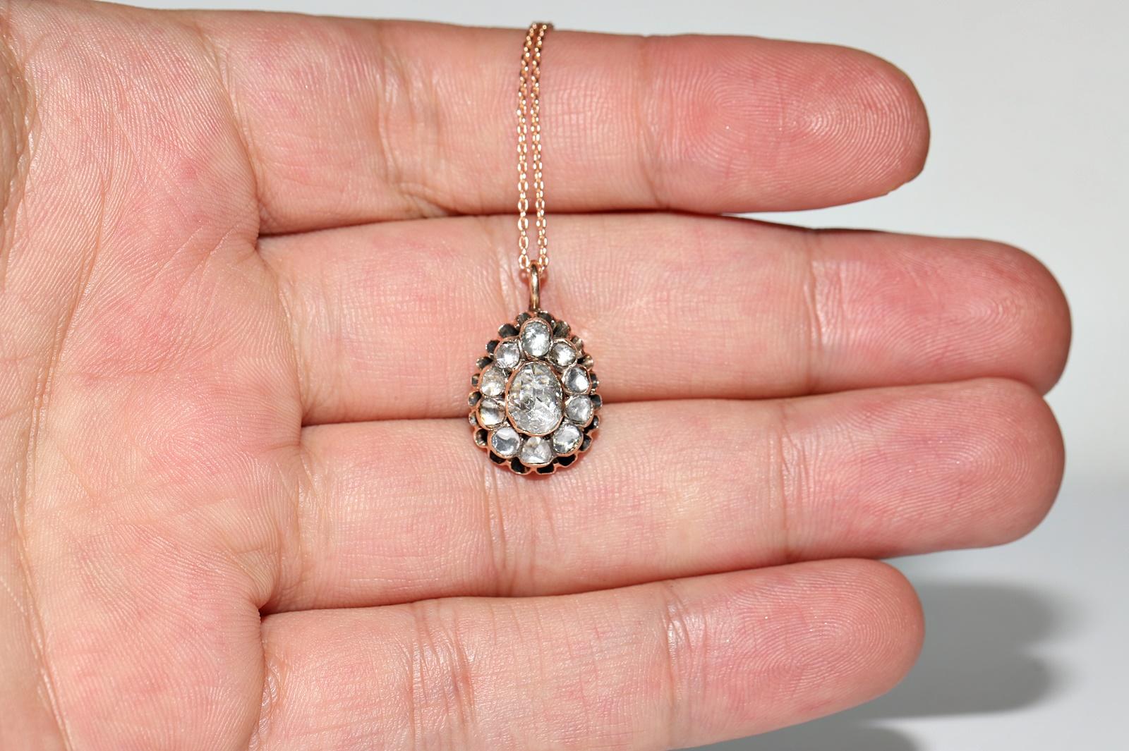 Antique Ottoman Circa 1890s 8k Gold Natural Rose Cut Diamond Drop Necklace For Sale 3