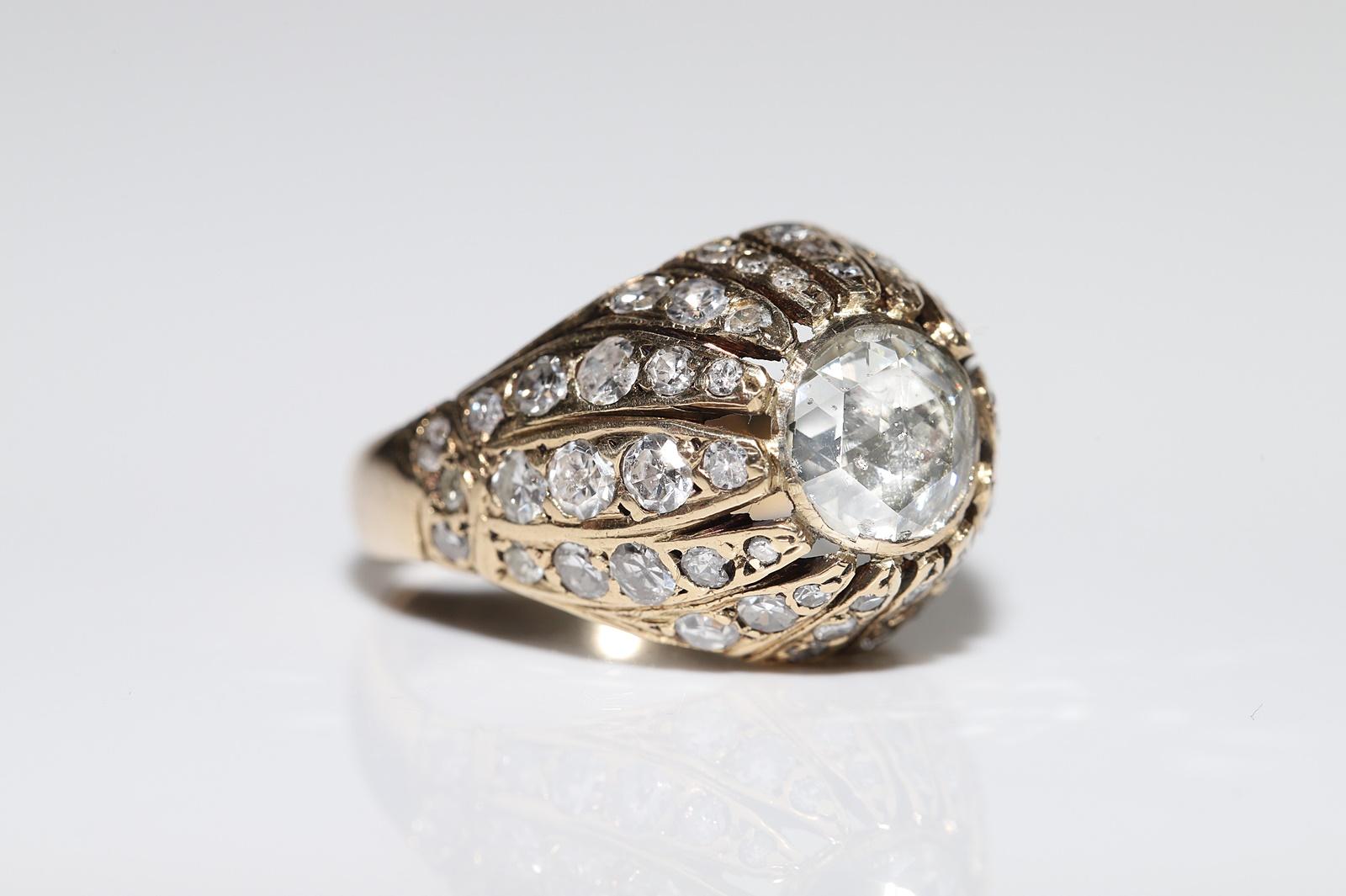 Brilliant Cut Antique Ottoman Circa 1900s 14k Gold Natural Diamond Decorated Solitaire Ring For Sale