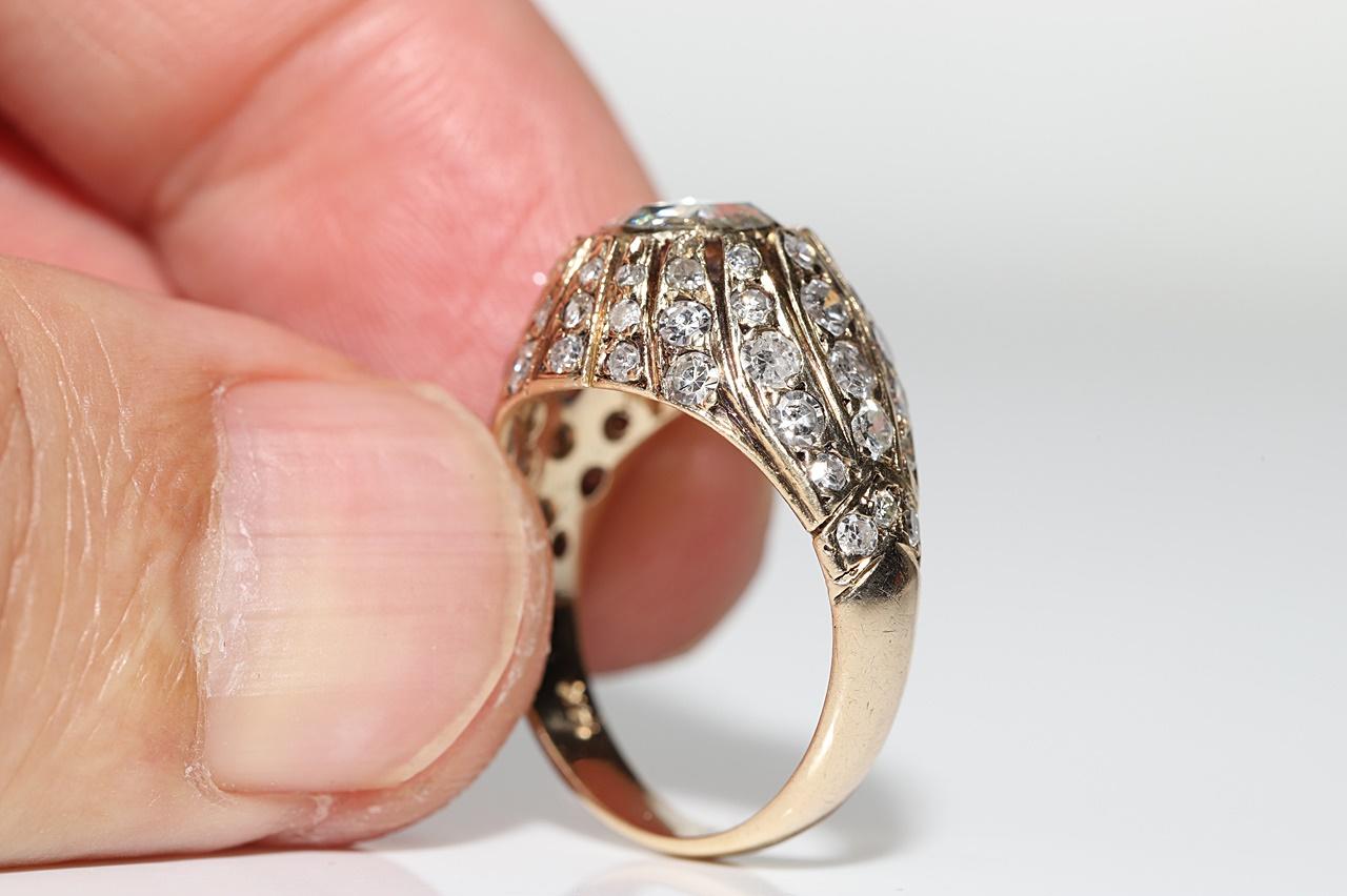 Women's Antique Ottoman Circa 1900s 14k Gold Natural Diamond Decorated Solitaire Ring For Sale