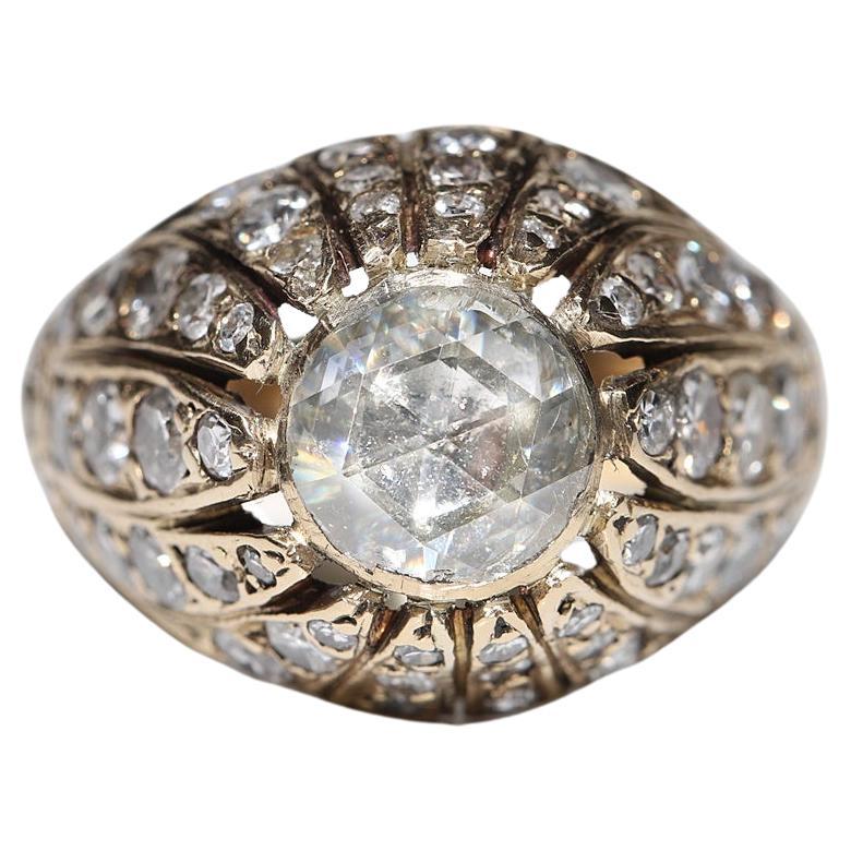 Antique Ottoman Circa 1900s 14k Gold Natural Diamond Decorated Solitaire Ring For Sale