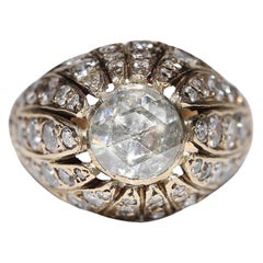 Antique Ottoman Circa 1900s 14k Gold Natural Diamond Decorated Solitaire Ring