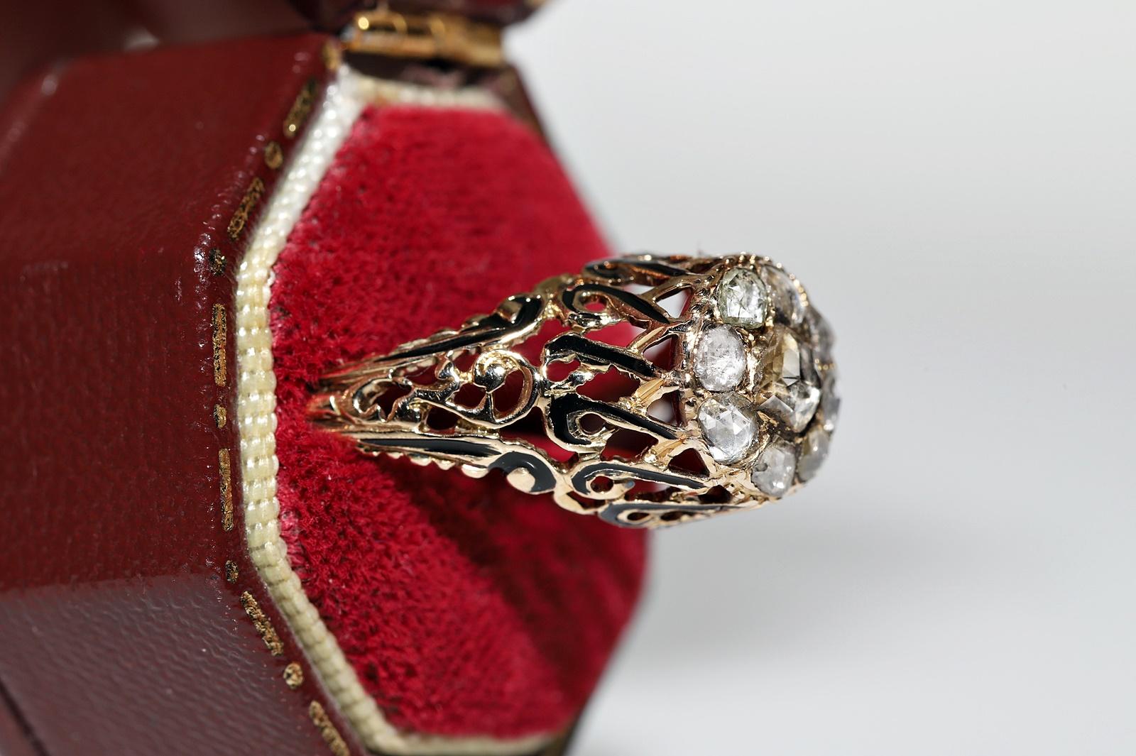 Victorian Antique Ottoman Circa 1900s 14k Gold Natural Rose Cut Diamond Enamel Ring For Sale