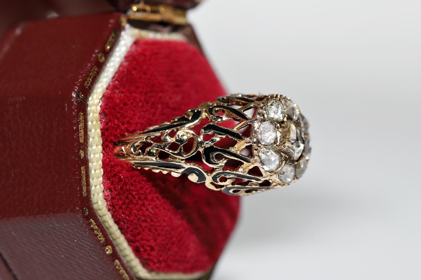 Victorien Bague ottomane ancienne des années 1900 en or 14 carats, émaillée de diamants naturels taille rose en vente