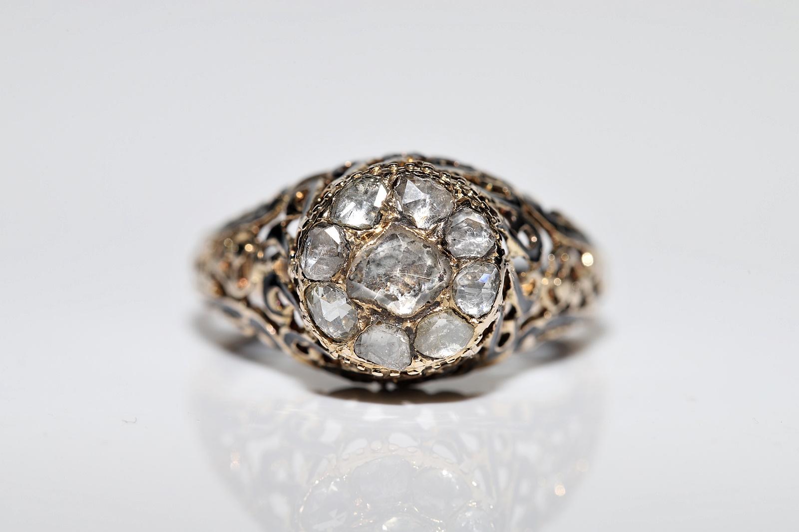 Taille rose Bague ottomane ancienne des années 1900 en or 14 carats, émaillée de diamants naturels taille rose en vente