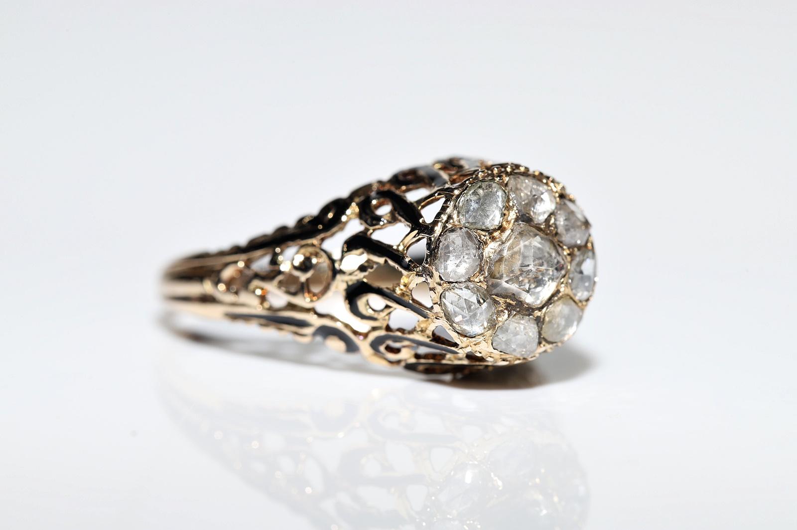 Women's Antique Ottoman Circa 1900s 14k Gold Natural Rose Cut Diamond Enamel Ring For Sale