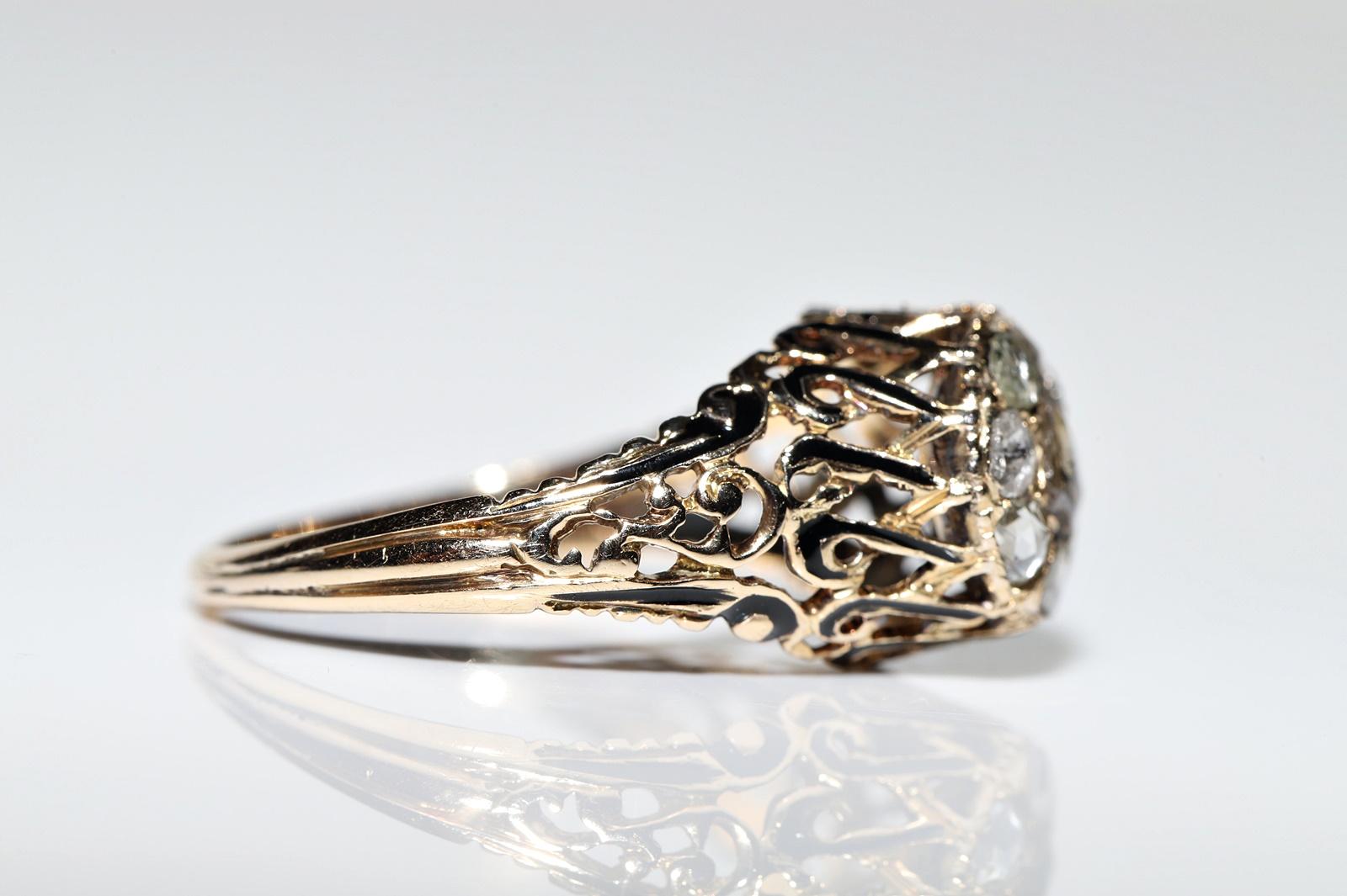 Bague ottomane ancienne des années 1900 en or 14 carats, émaillée de diamants naturels taille rose Pour femmes en vente