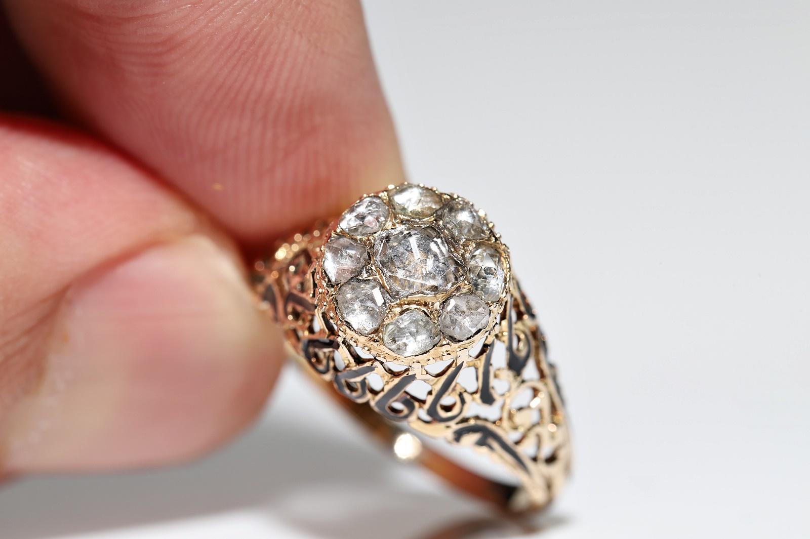 Antique Ottoman Circa 1900s 14k Gold Natural Rose Cut Diamond Enamel Ring For Sale 3