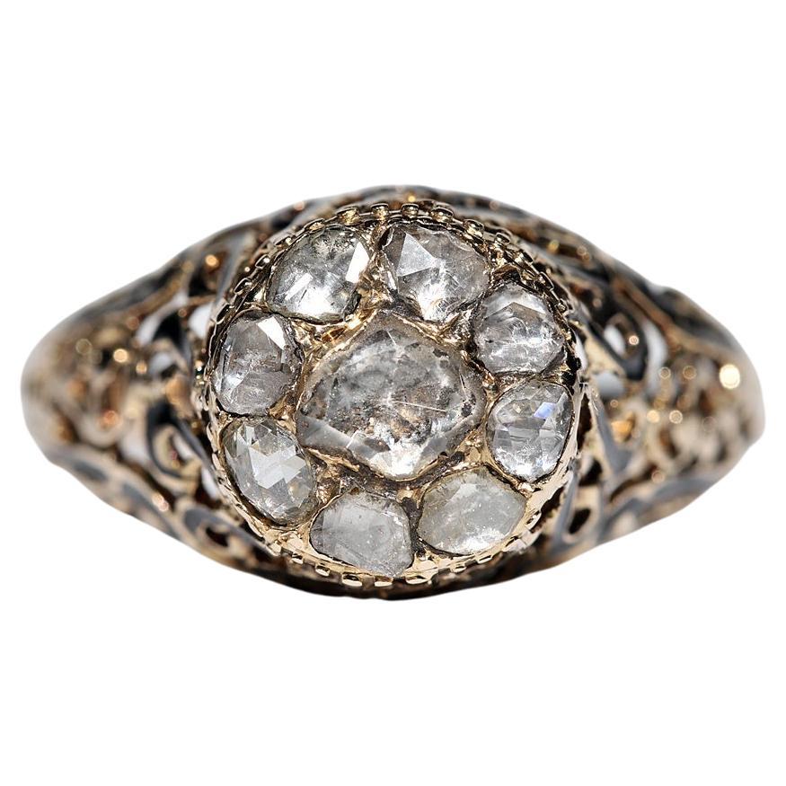 Antique Ottoman Circa 1900s 14k Gold Natural Rose Cut Diamond Enamel Ring For Sale