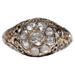 Antiker Ottomane Circa 1900er Jahre 14k Gold Natürlicher Rosenschliff Diamant-Emaille-Ring