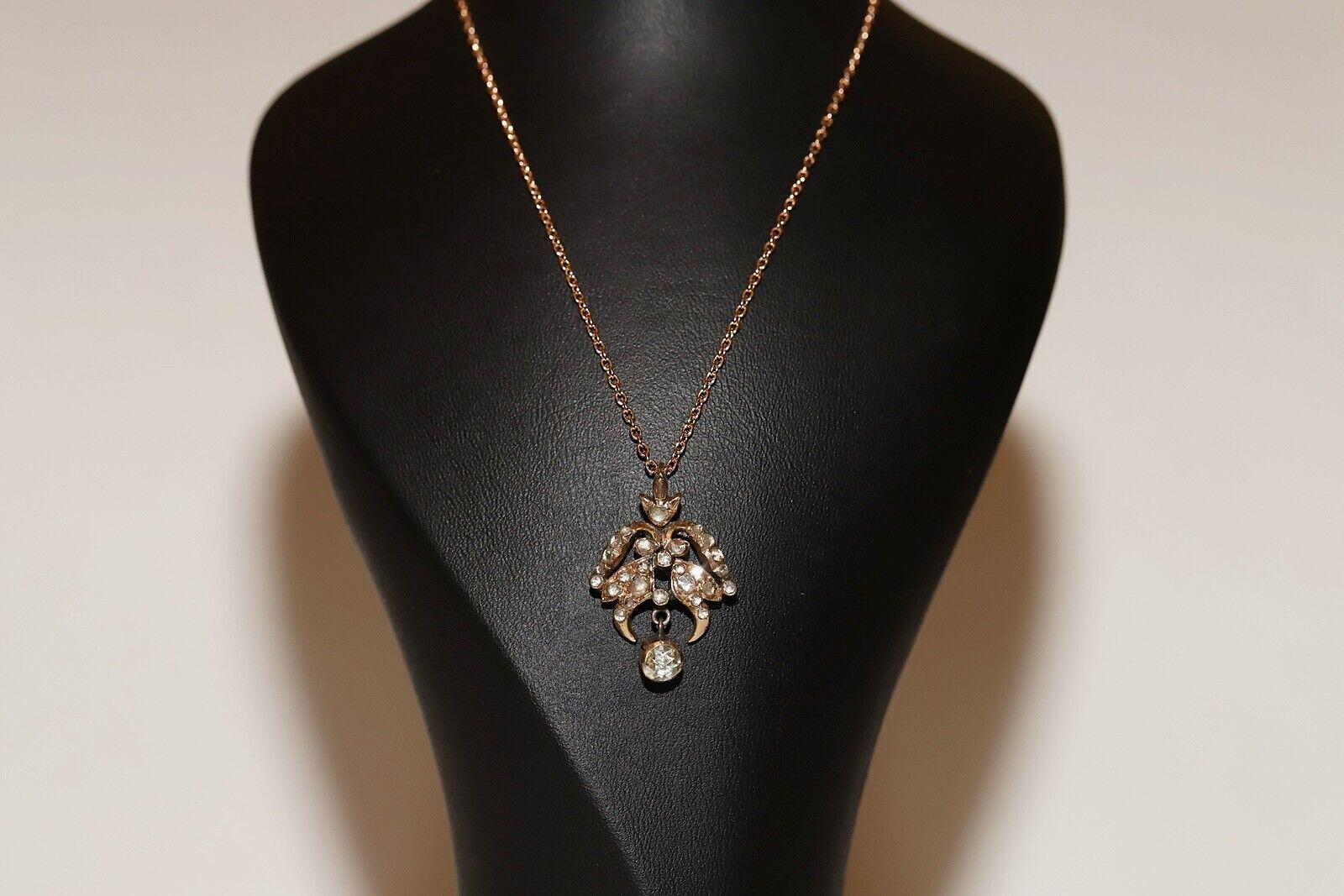 Antique Ottoman Circa 1900s 14k Gold Natural Rose Cut Diamond Pendant Necklace en venta 5