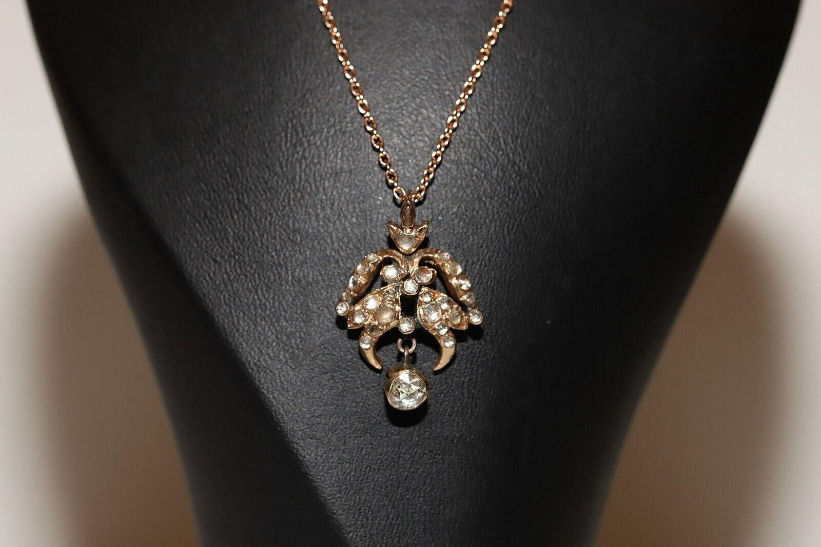 Antique Ottoman Circa 1900s 14k Gold Natural Rose Cut Diamond Pendant Necklace For Sale 7
