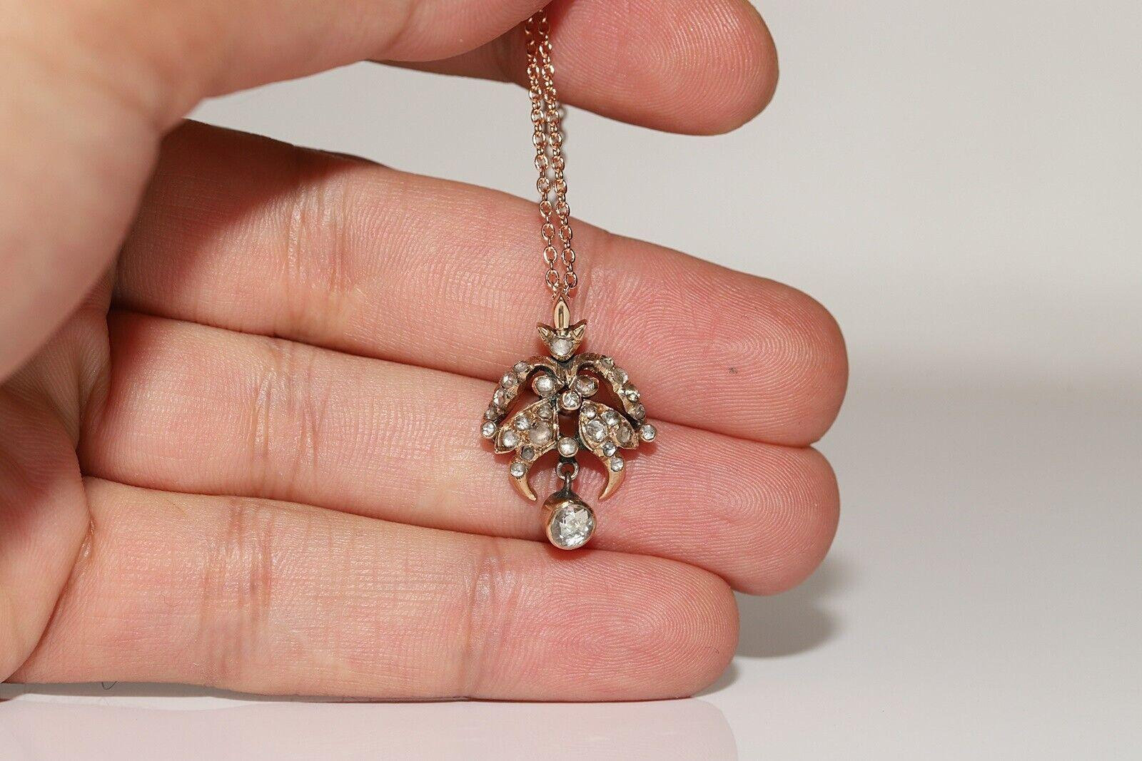 Antique Ottoman Circa 1900s 14k Gold Natural Rose Cut Diamond Pendant Necklace Victoriano en venta