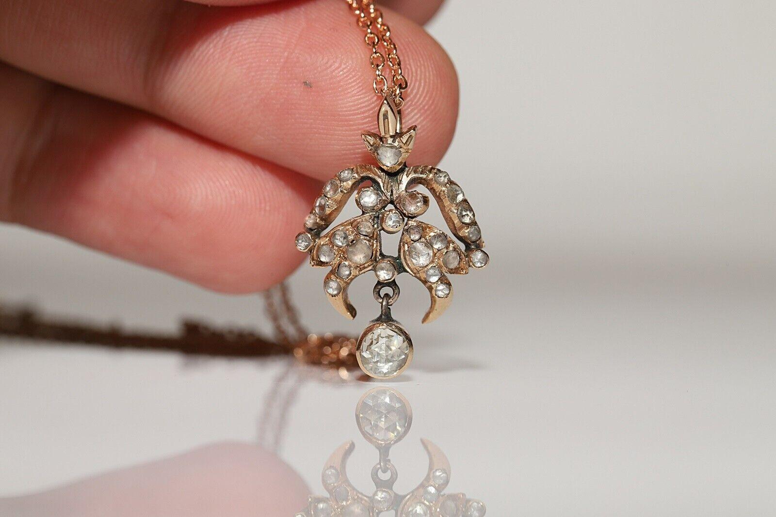 Antique Ottoman Circa 1900s 14k Gold Natural Rose Cut Diamond Pendant Necklace In Good Condition For Sale In Fatih/İstanbul, 34