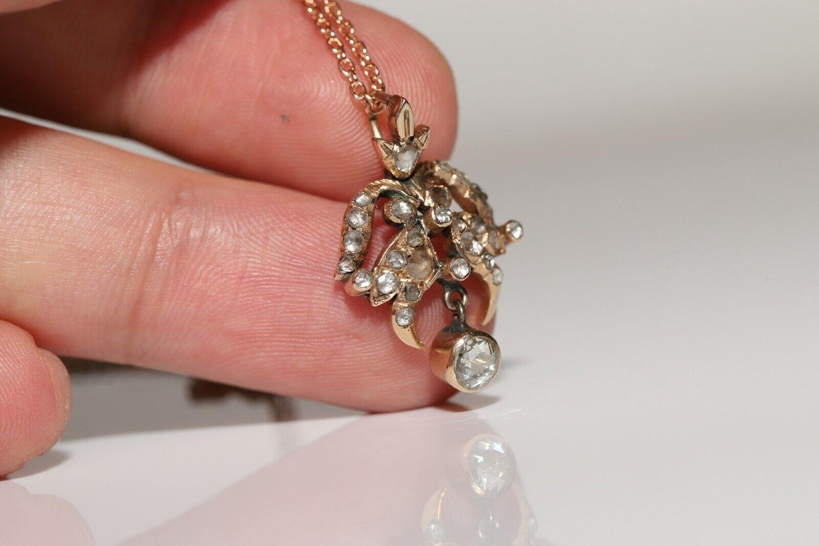 Women's Antique Ottoman Circa 1900s 14k Gold Natural Rose Cut Diamond Pendant Necklace For Sale