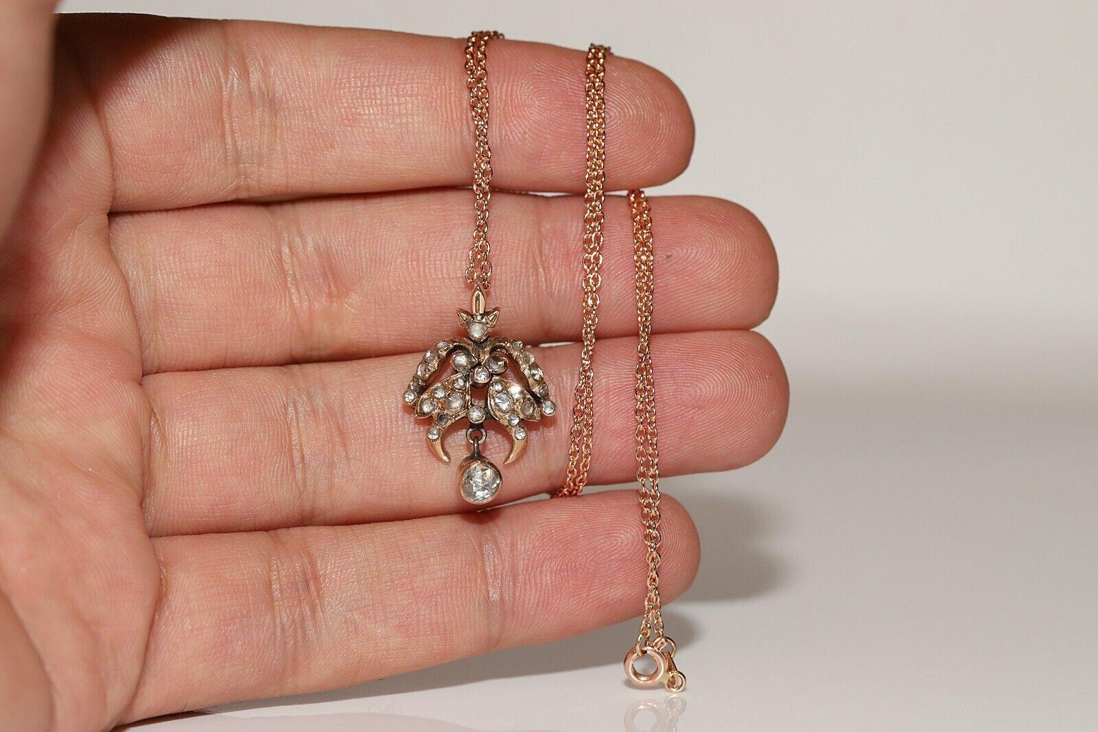 Antique Ottoman Circa 1900s 14k Gold Natural Rose Cut Diamond Pendant Necklace For Sale 3