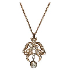 Antique Ottoman Circa 1900s 14k Gold Natural Rose Cut Diamond Pendant Necklace