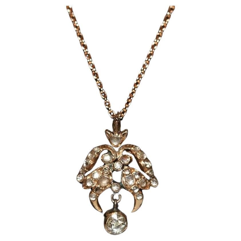 Antique Ottoman Circa 1900s 14k Gold Natural Rose Cut Diamond Pendant Necklace For Sale