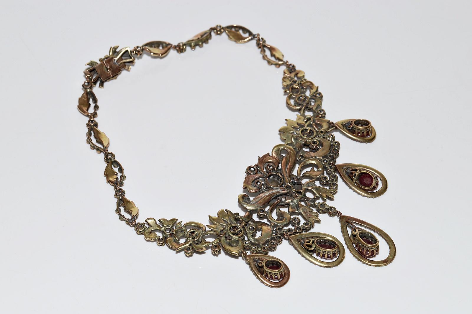 Antique Ottoman Circa 1900s 8k Gold Natural Rose Cut Diamond And  Ruby Necklace For Sale 9