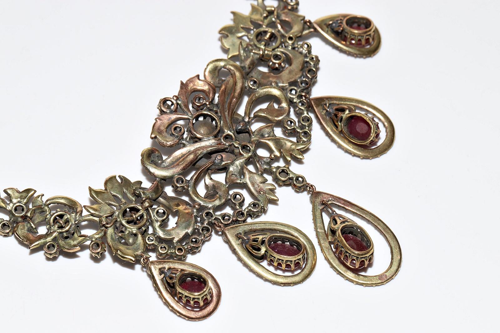Antique Ottoman Circa 1900s 8k Gold Natural Rose Cut Diamond And  Ruby Necklace For Sale 10