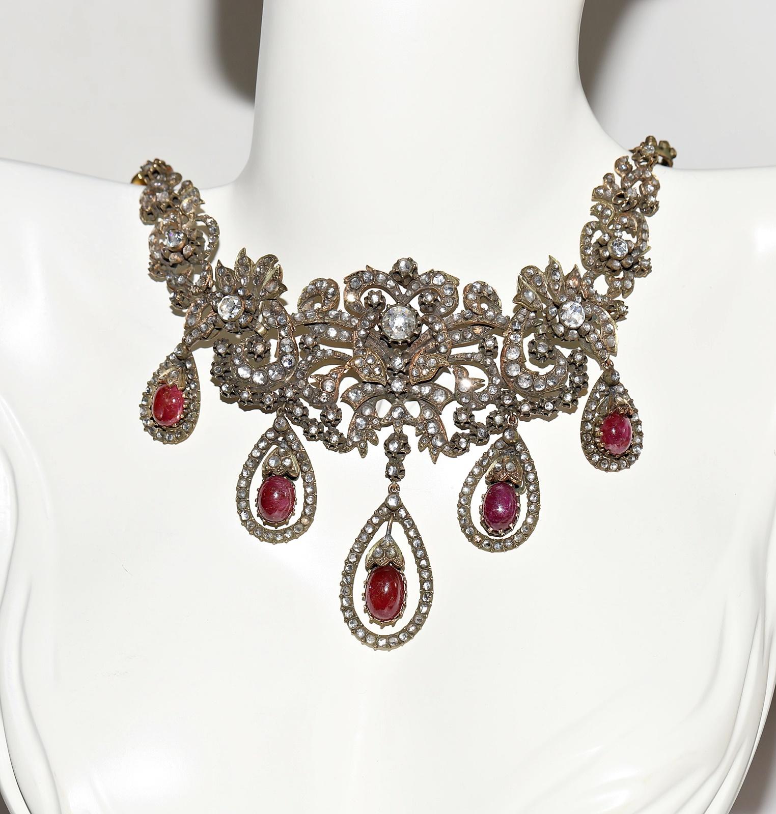 Antique Ottoman Circa 1900s 8k Gold Natural Rose Cut Diamond And  Ruby Necklace For Sale 14