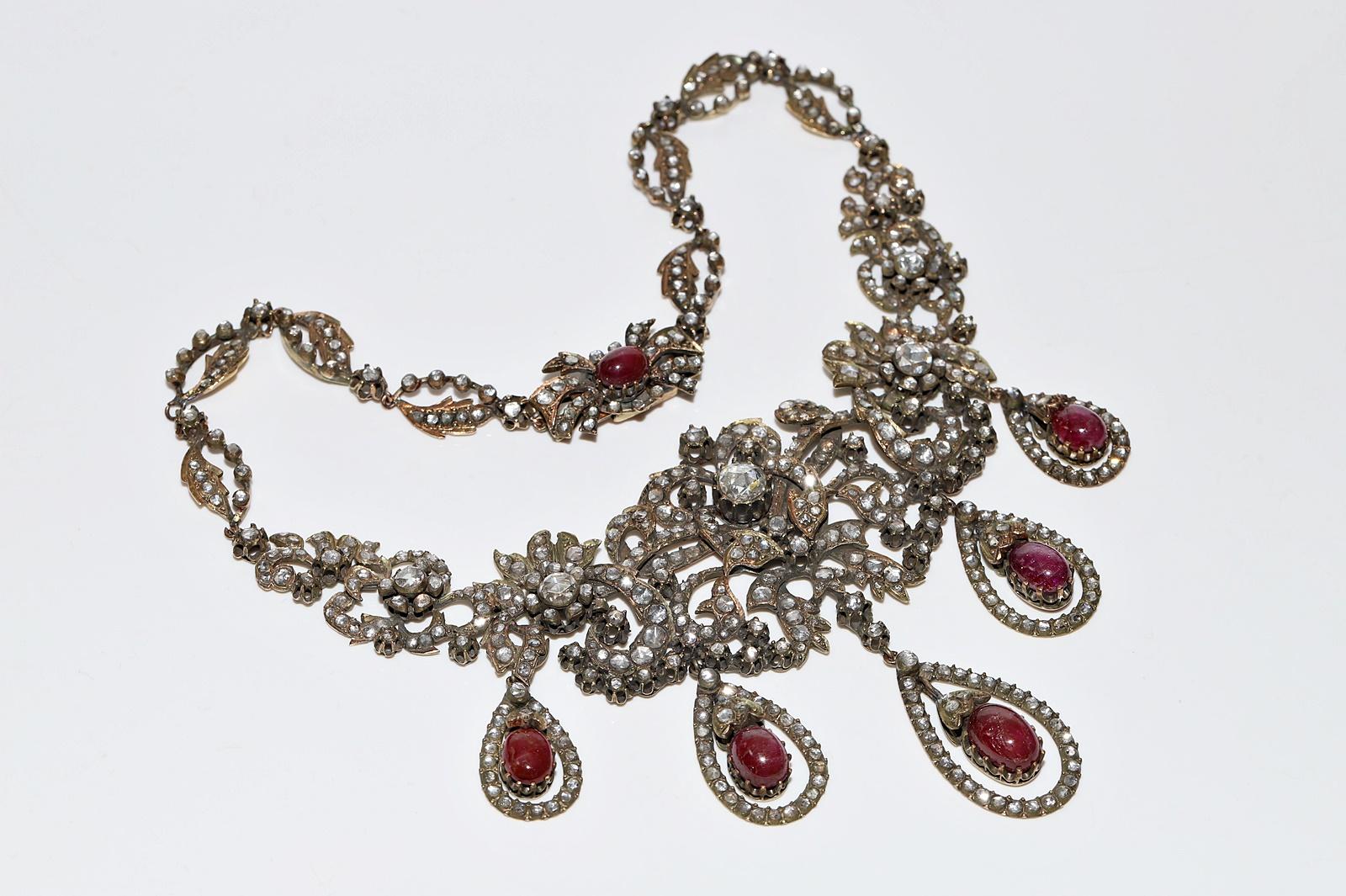Antique Ottoman Circa 1900s 8k Gold Natural Rose Cut Diamond And  Ruby Necklace For Sale 1