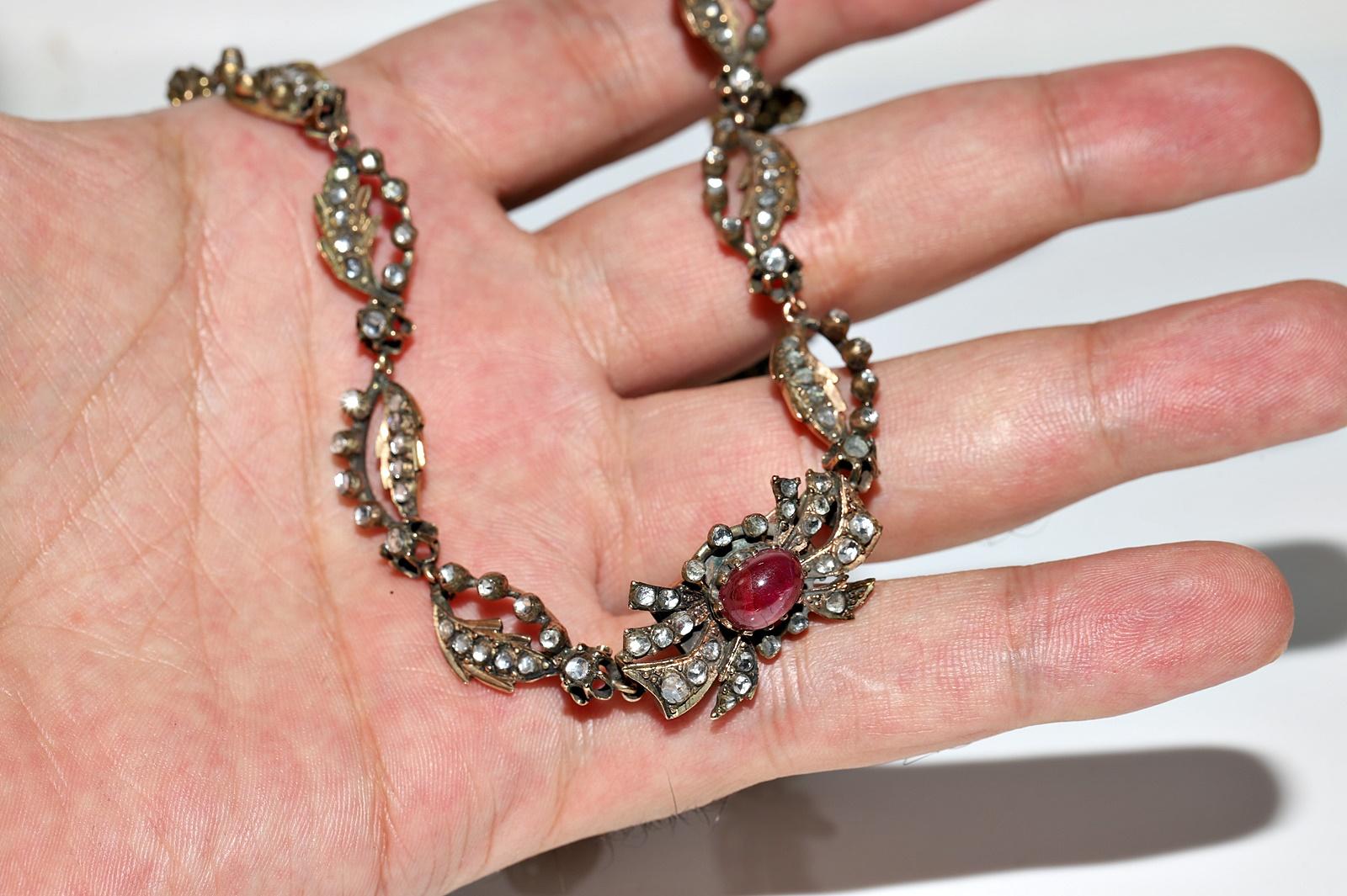 Antique Ottoman Circa 1900s 8k Gold Natural Rose Cut Diamond And  Ruby Necklace For Sale 3