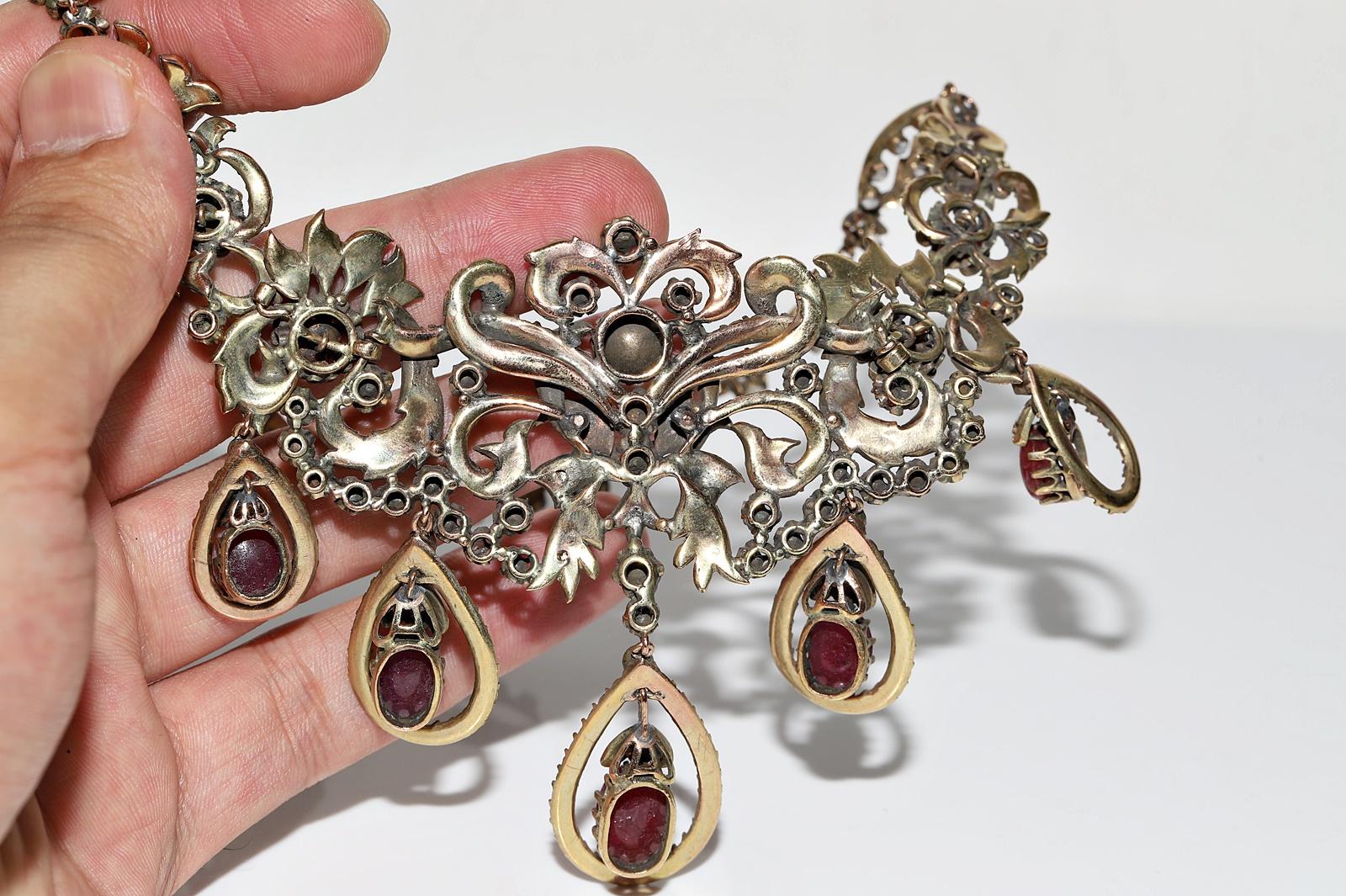 Antique Ottoman Circa 1900s 8k Gold Natural Rose Cut Diamond And  Ruby Necklace For Sale 4