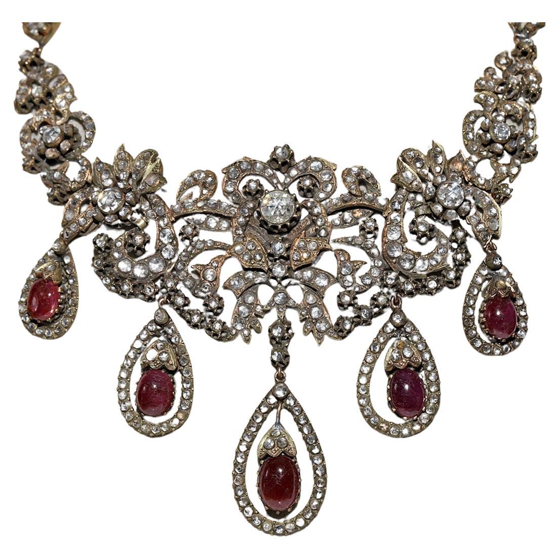 Antiguo Otomano Circa 1900s Oro 8k Diamante Natural Corte Rosa Y  Collar de rubíes