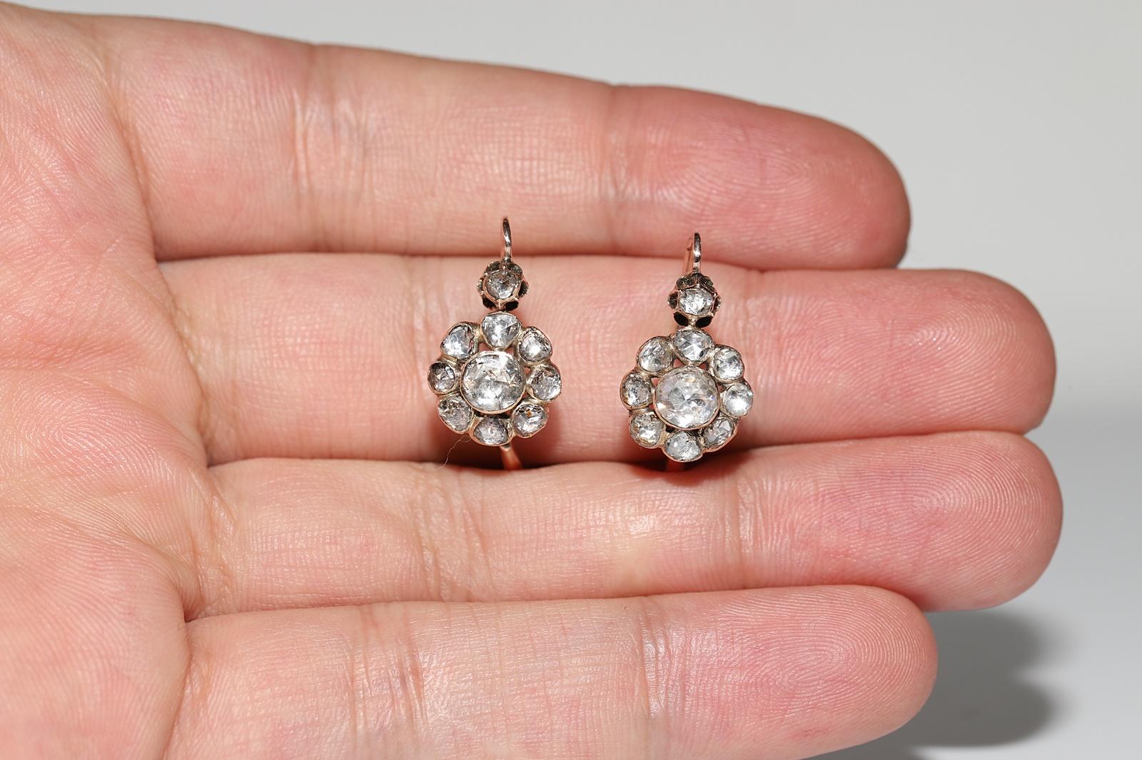 Antique Ottoman Circa 1900s 8k Gold Natural Rose Cut Diamond Decorated Earring 5