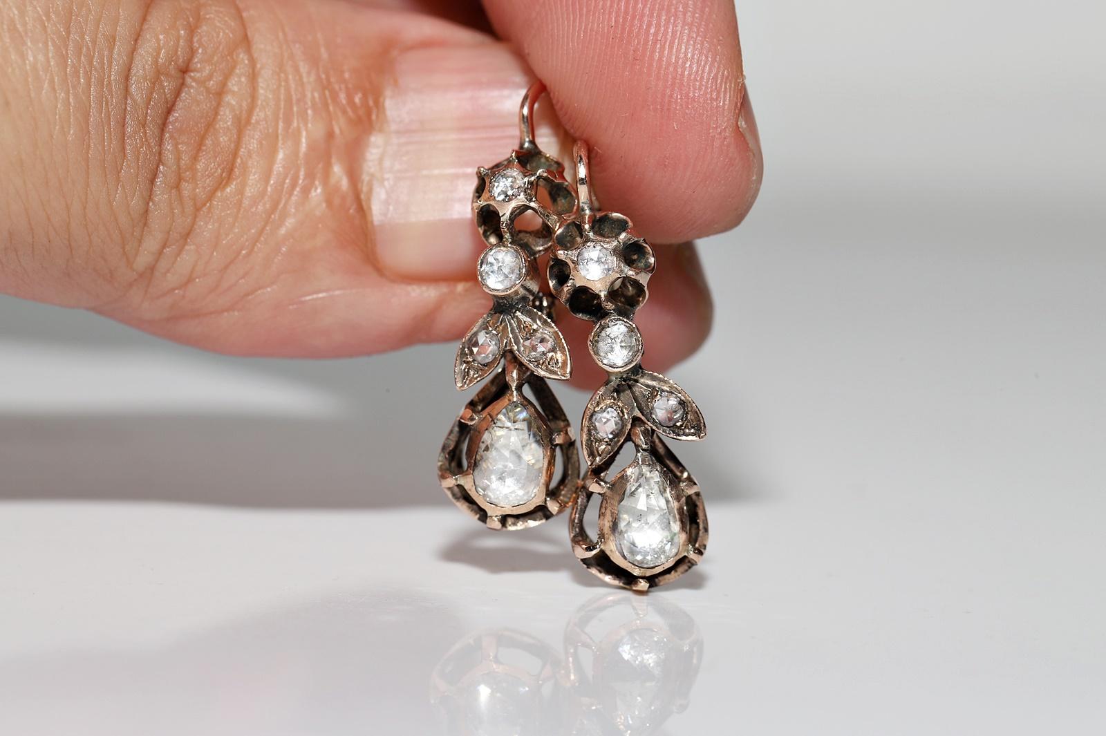 Antique Ottoman Circa 1900s 8k Gold Natural Rose Cut Diamond Decorated Earring For Sale 7