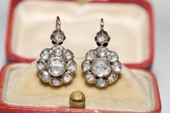 Antique Ottoman Circa 1900s 8k Gold Natural Rose Cut Diamond Decorated Earring