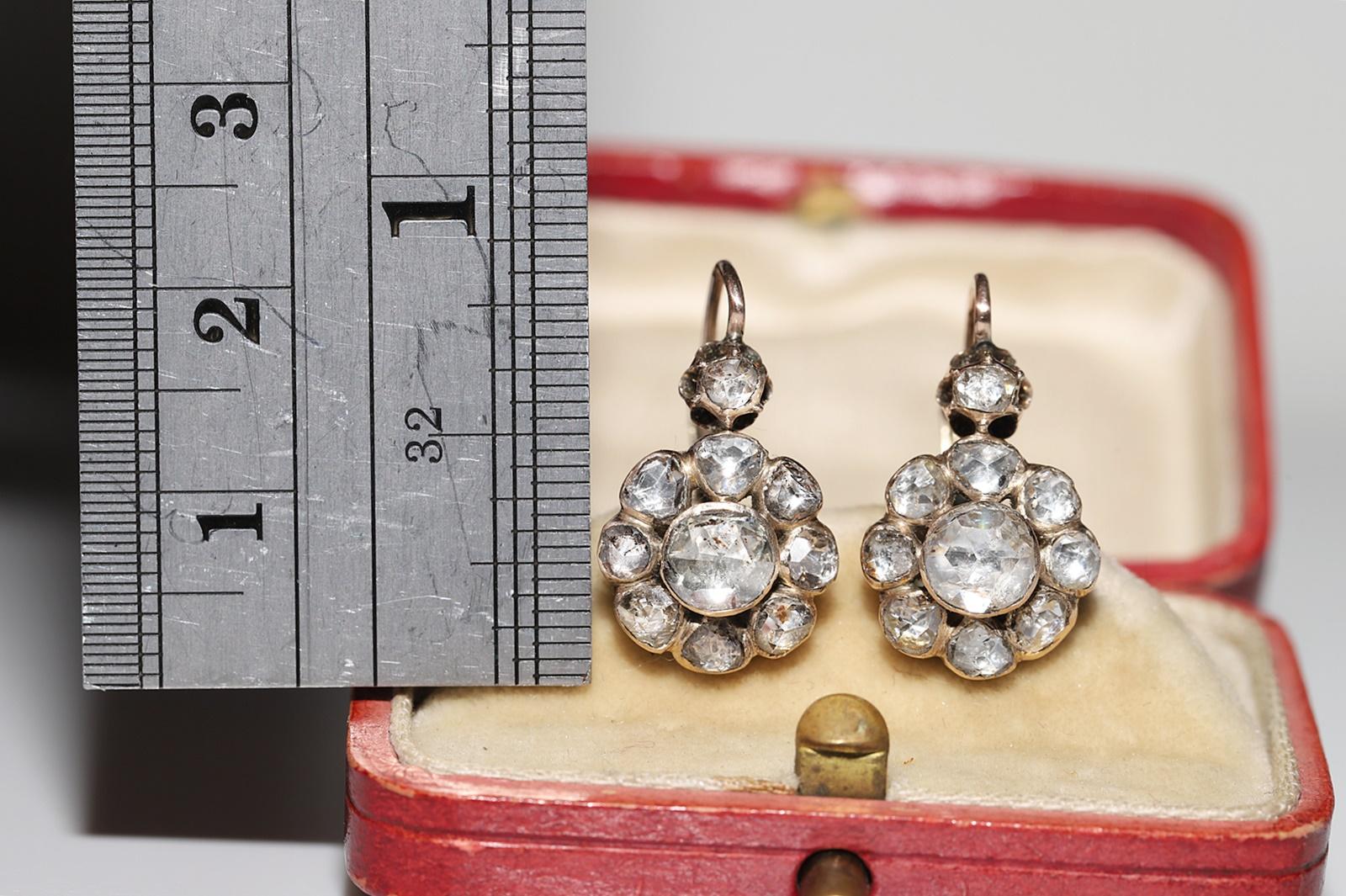 Late Victorian Antique Ottoman Circa 1900s 8k Gold Natural Rose Cut Diamond Decorated Earring