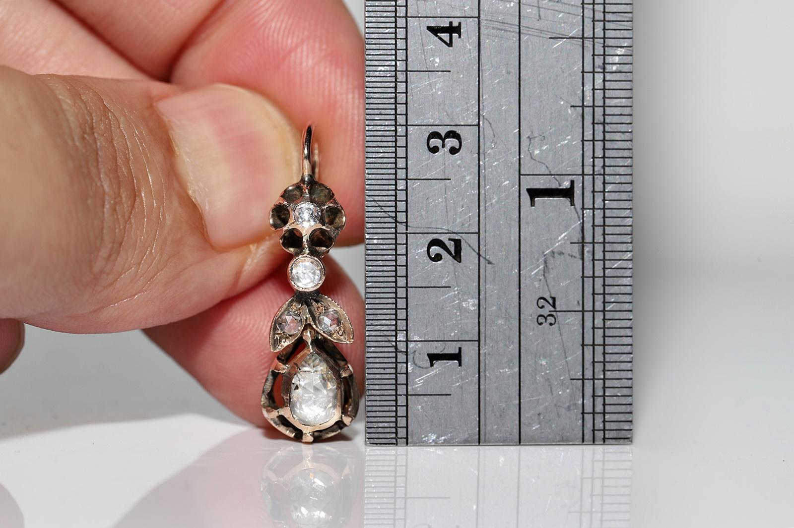 Antique Ottoman Circa 1900s 8k Gold Natural Rose Cut Diamond Decorated Earring In Good Condition For Sale In Fatih/İstanbul, 34