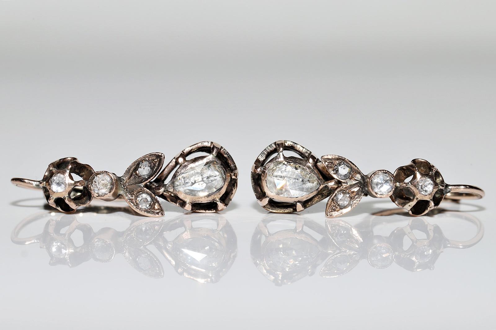 Antiker Ottomane Circa 1900er Jahre 8k Gold Natürlicher Rosenschliff Diamant Dekorierter Ohrring im Angebot 1
