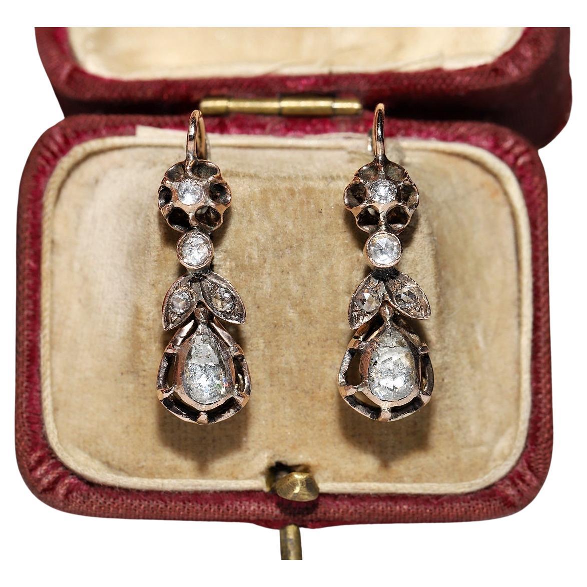 Antique Ottoman Circa 1900s 8k Gold Natural Rose Cut Diamond Decorated Earring For Sale