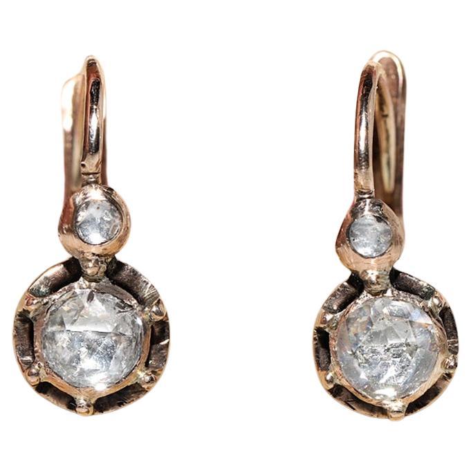 Antique Ottoman Circa 1900s 8k Gold Natural Rose Cut Diamond Decorated Earring