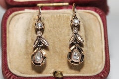 Antique Ottoman Circa 1900s 8k Gold Natural Rose Cut Diamond Drop Earring