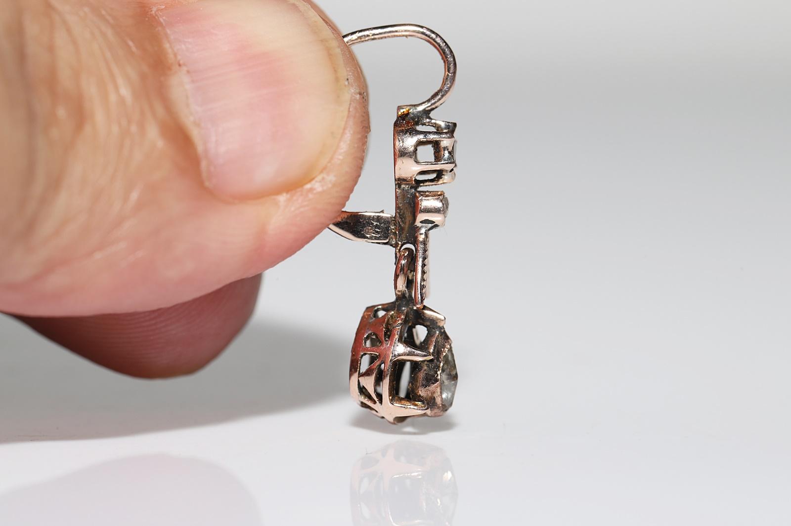 Antiker Ottomane Circa 1900er Jahre 8k Gold Natürlicher Rosenschliff Diamant-Tropfen-Ohrring Damen