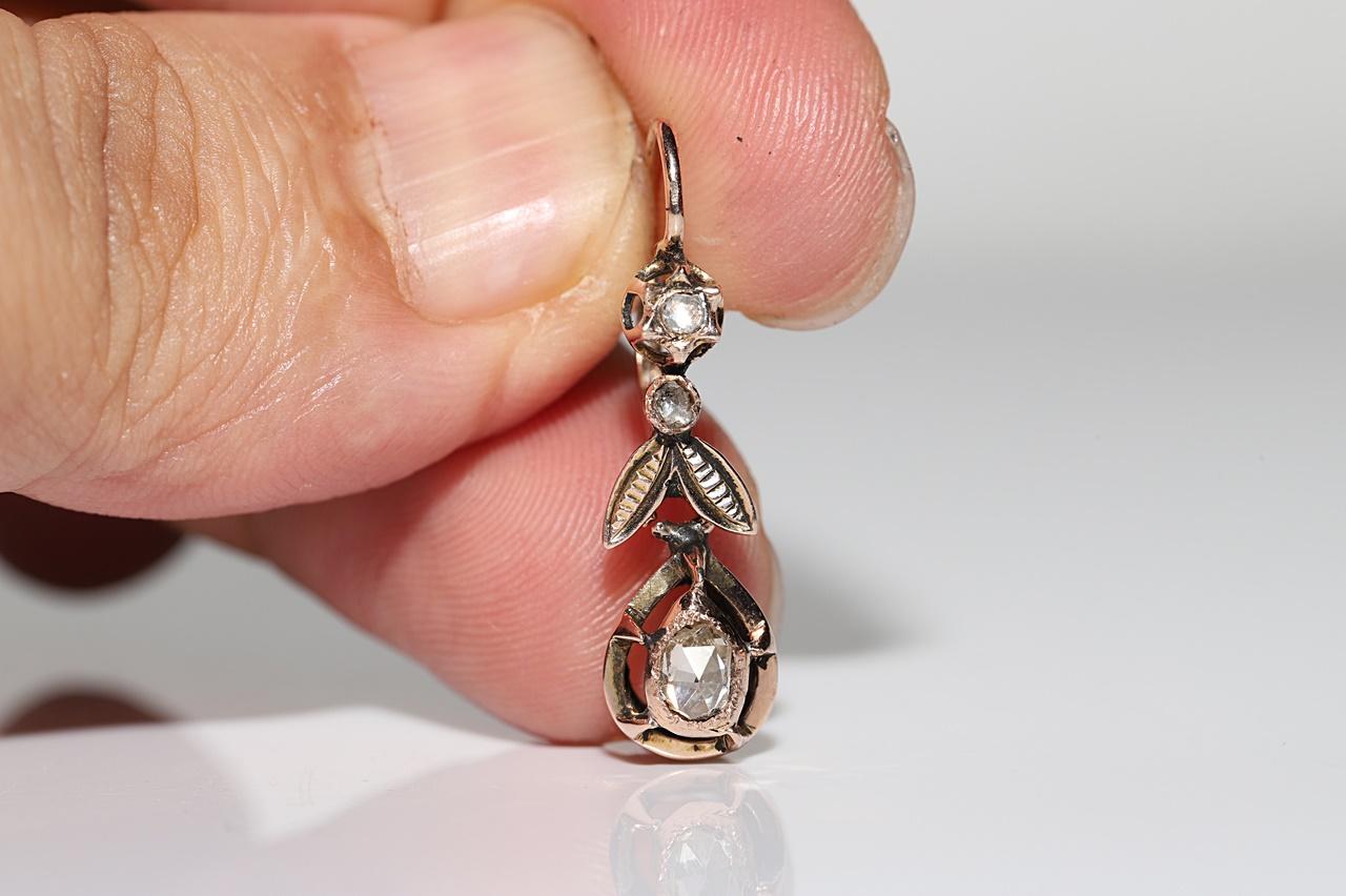 Antiker Ottomane Circa 1900er Jahre 8k Gold Natürlicher Rosenschliff Diamant-Tropfen-Ohrring 1