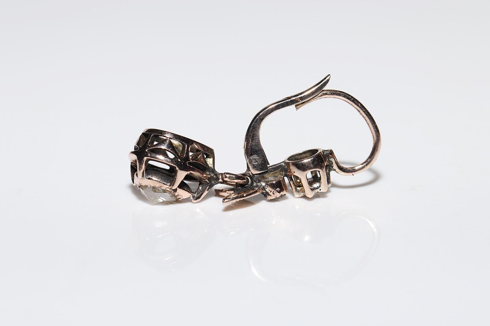 Antiker Ottomane Circa 1900er Jahre 8k Gold Natürlicher Rosenschliff Diamant-Tropfen-Ohrring 2